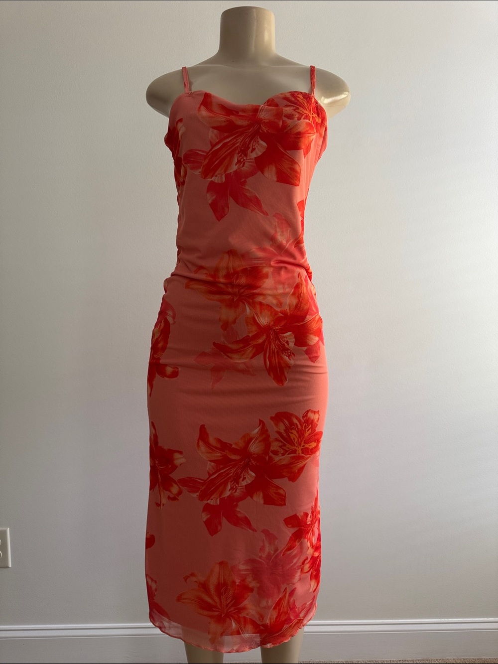 SHEIN | Coral Slip Midi Dress with Red Floral Print